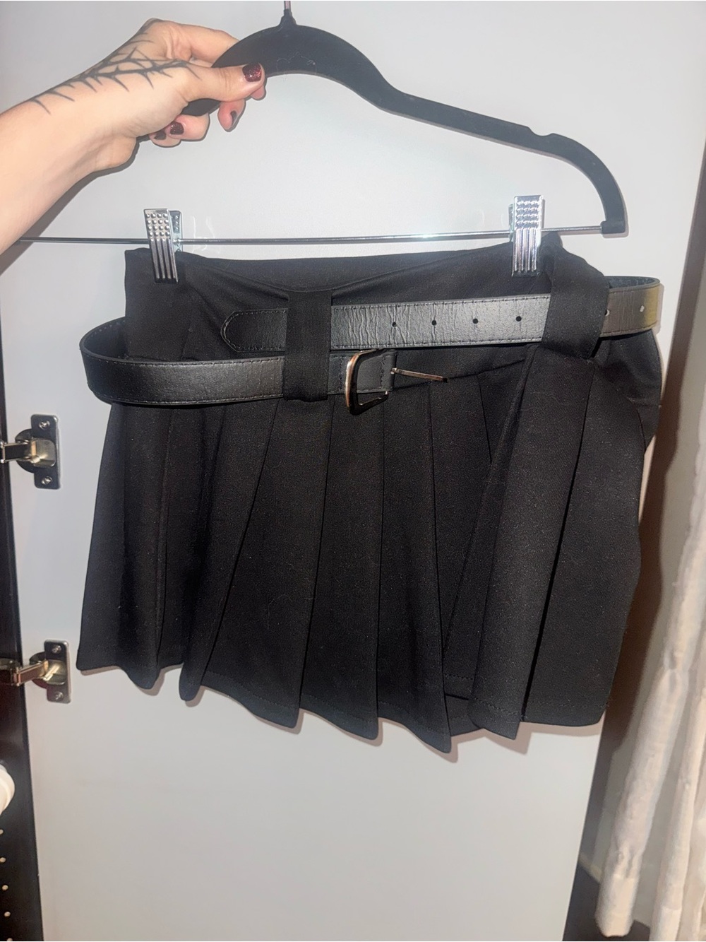 Black Pleated Mini Skirt with Belt